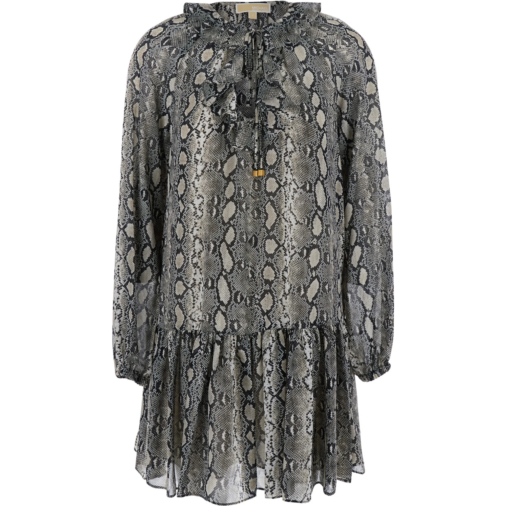 Grey Crewneck Mini Dress with Long Puffed Sleeves and All-Over Snakeskin Print in Tech Fabric Woman