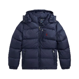 Blue Down Jacket with Fixed Hood and Pony Logo on the Front in Tech Fabric Boy