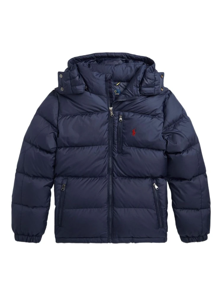 Blue Down Jacket with Fixed Hood and Pony Logo on the Front in Tech Fabric Boy