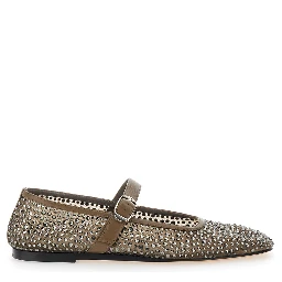 Mary Jane Metallic Ballet Flats with Strap and All-Over Beading in Fabric Woman