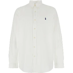 Custom Fit White Shirt with Button-Down Colllar and Pony Embroidery on the Front in Cotton Popeline Stretch Woman