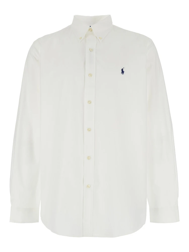Custom Fit White Shirt with Button-Down Colllar and Pony Embroidery on the Front in Cotton Popeline Stretch Woman
