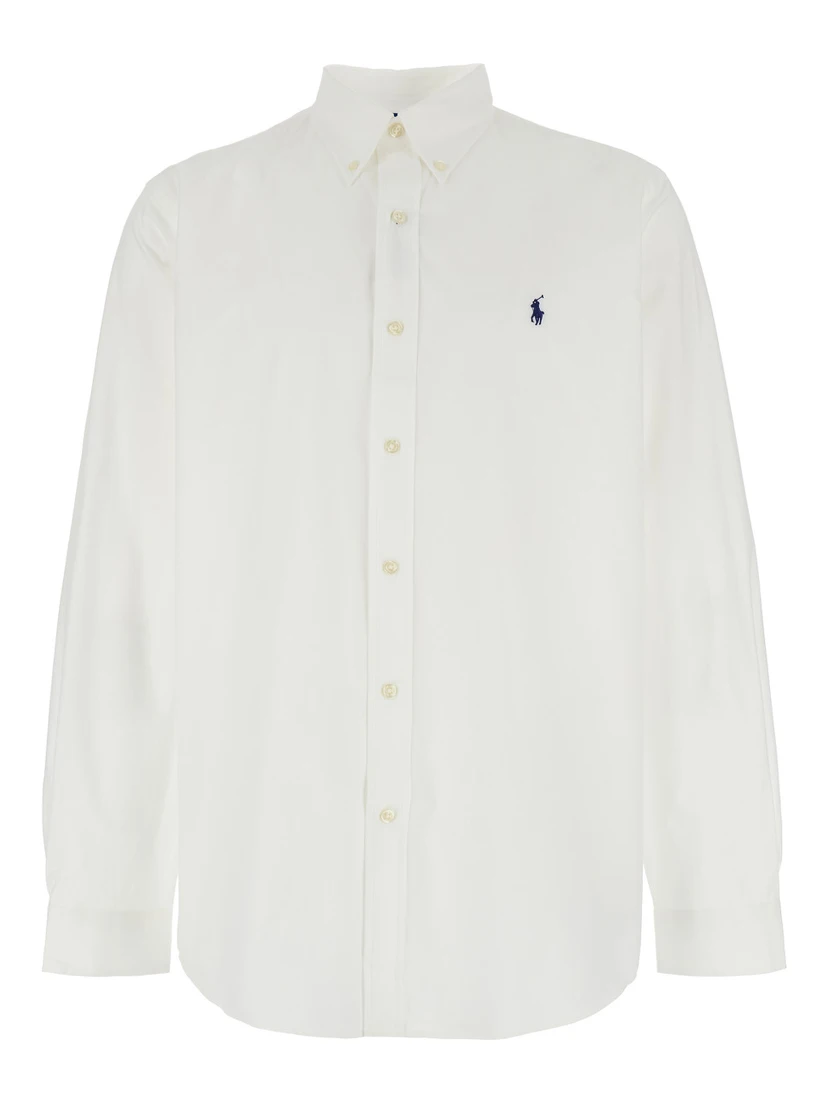 Custom Fit White Shirt with Button-Down Colllar and Pony Embroidery on the Front in Cotton Popeline Stretch Woman