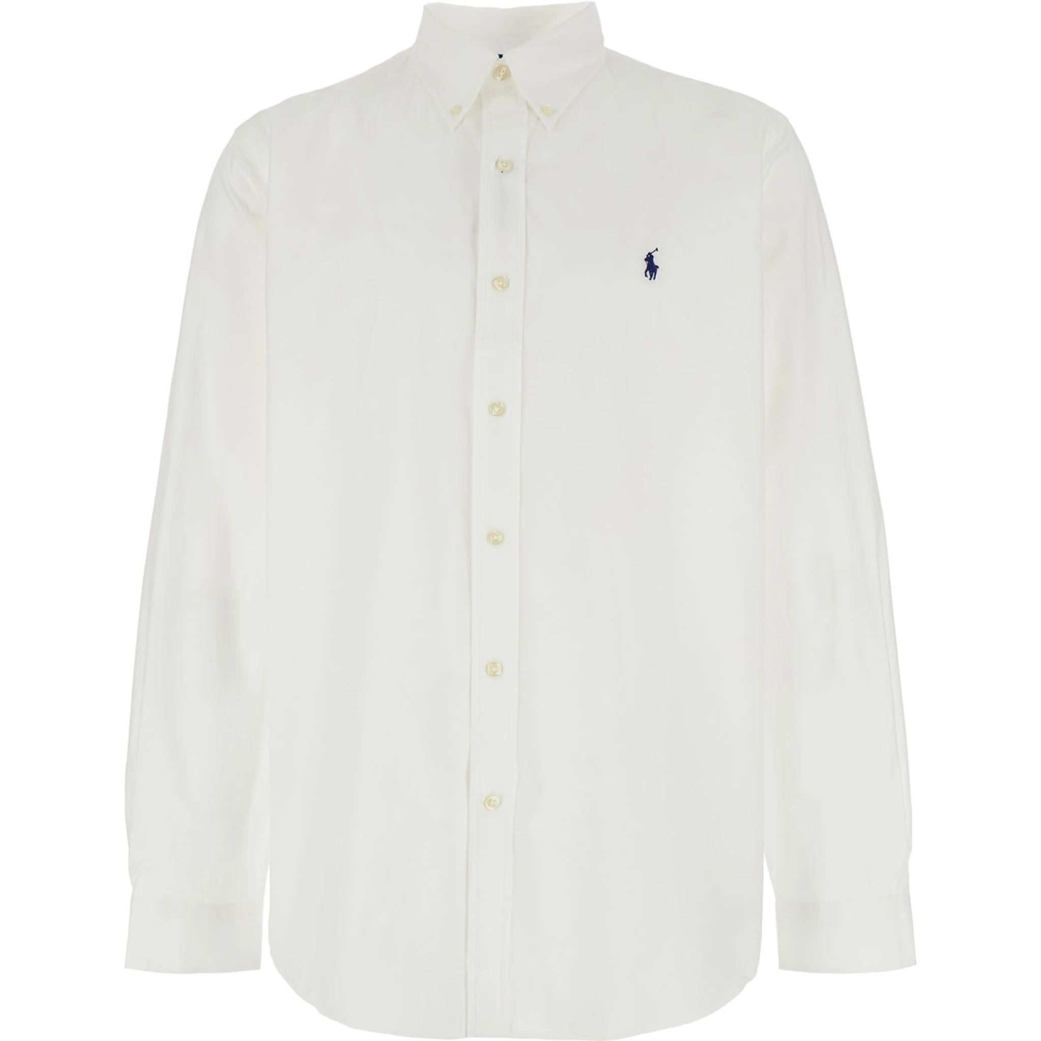 Custom Fit White Shirt with Button-Down Colllar and Pony Embroidery on the Front in Cotton Popeline Stretch Woman