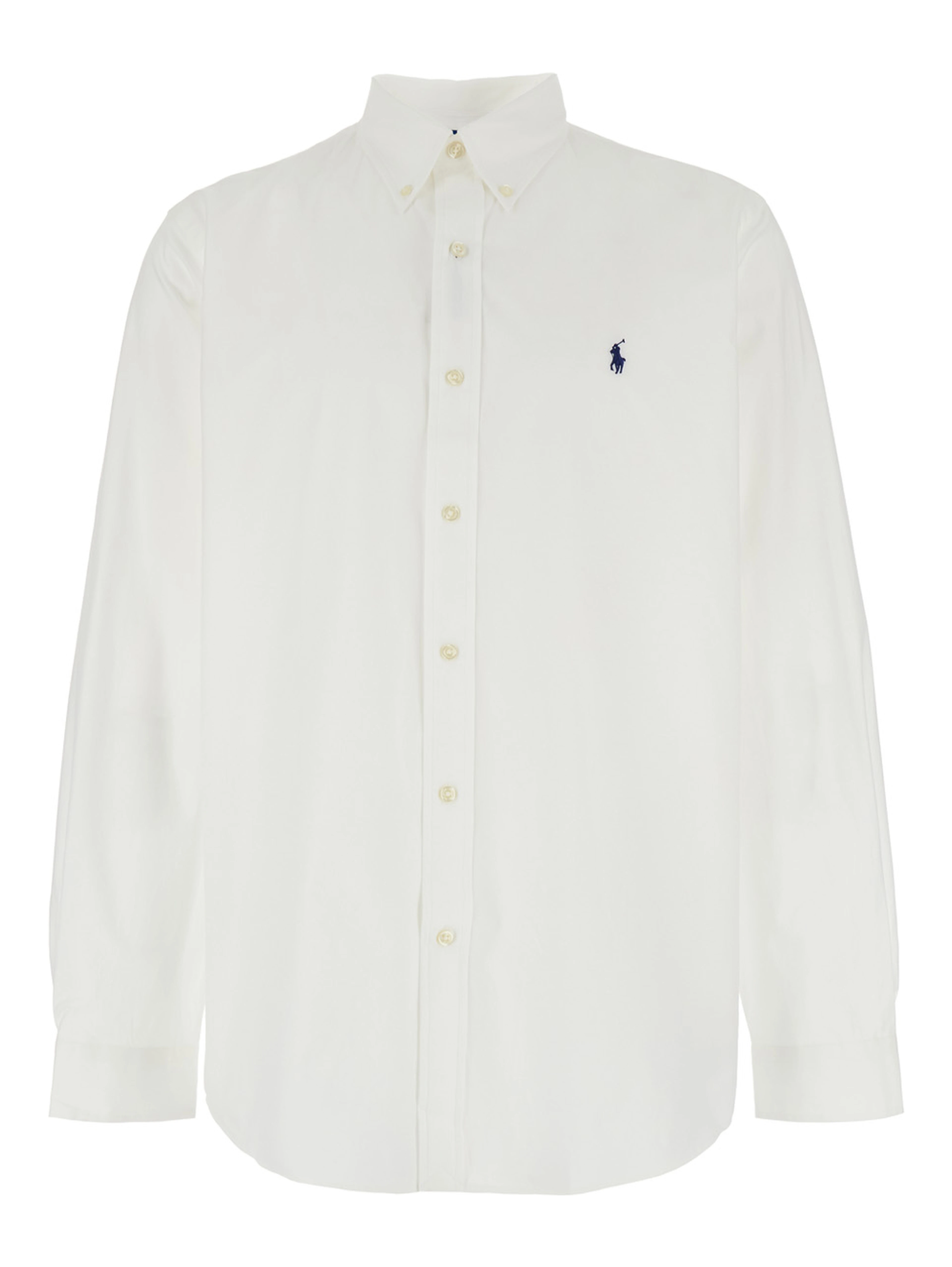 Custom Fit White Shirt with Button-Down Colllar and Pony Embroidery on the Front in Cotton Popeline Stretch Woman