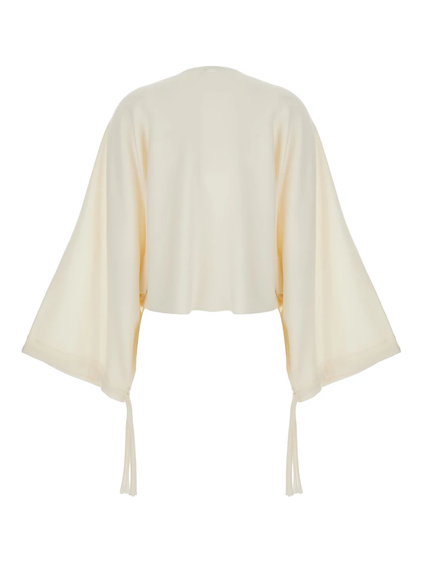 “Frais” White Round Neck Sweater with Wide Sleeves in Wool Woman