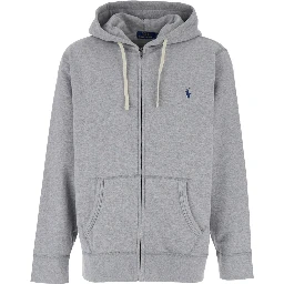 Grey Sweatshirt with Drawstring Hood and Pony Embroidery on the Front in Cotton Blend Man