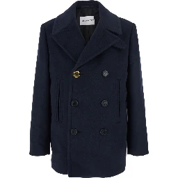 Blue Coat with Wide Lapels and Logoed Buttons in Wool Man