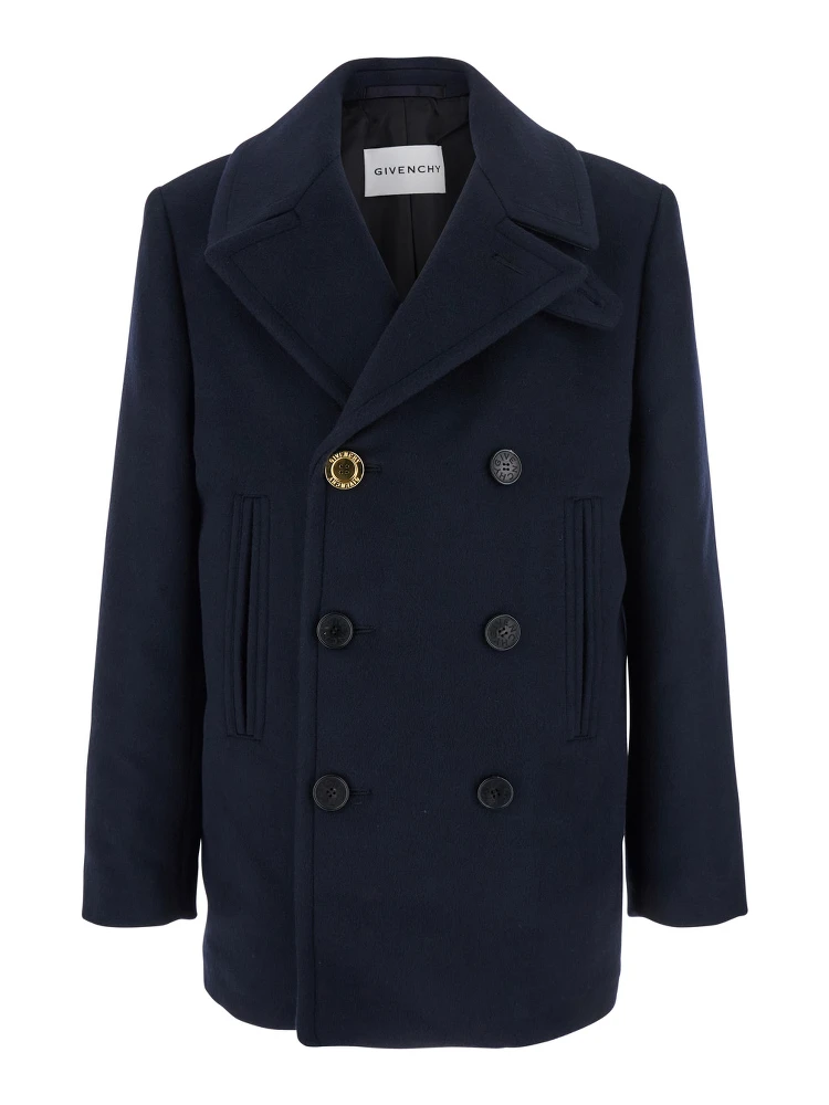 Blue Coat with Wide Lapels and Logoed Buttons in Wool Man