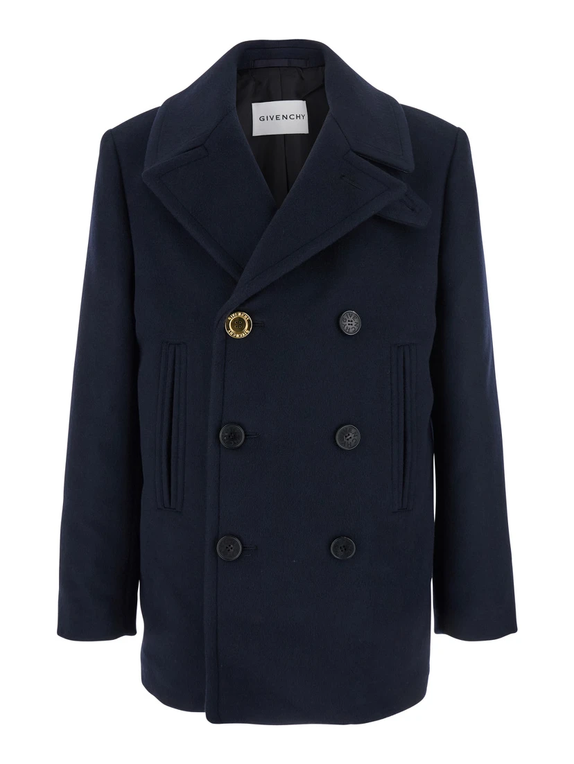Blue Coat with Wide Lapels and Logoed Buttons in Wool Man