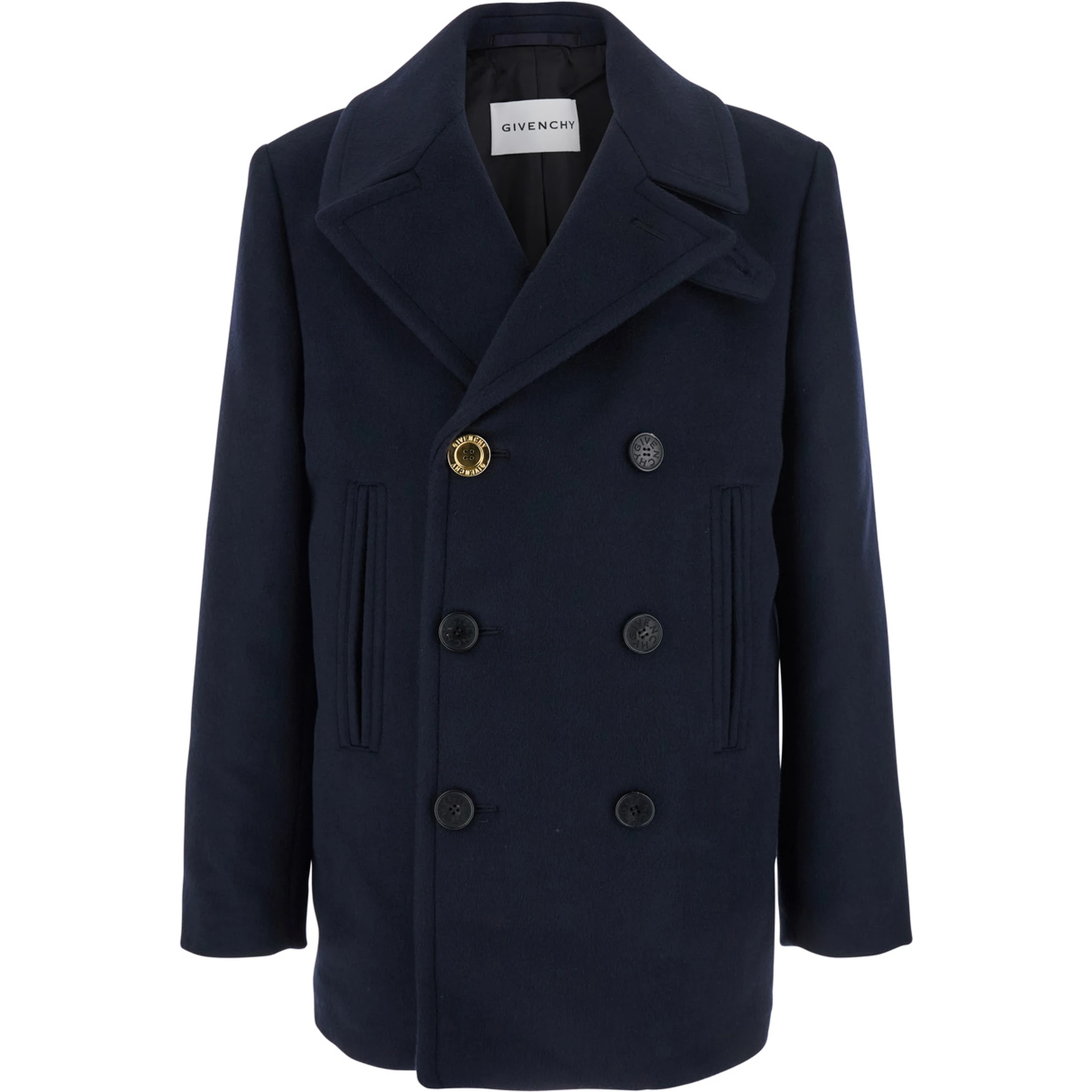 Blue Coat with Wide Lapels and Logoed Buttons in Wool Man