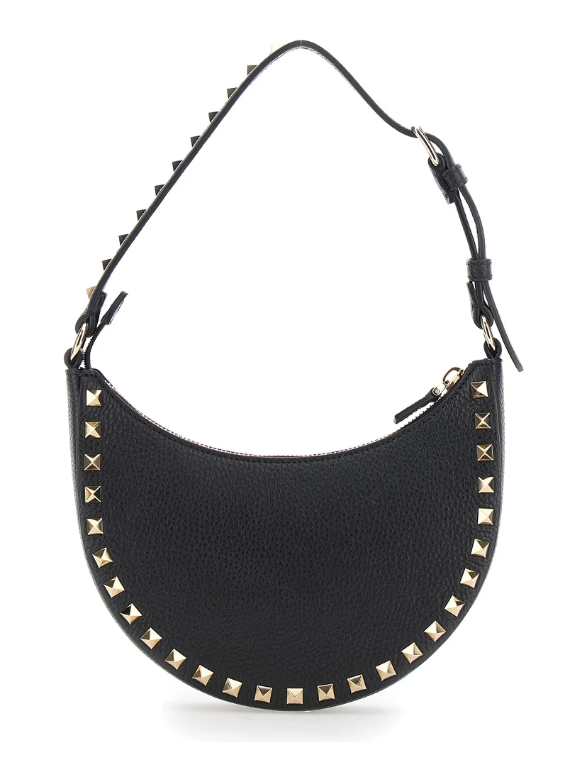 Rockstud Black Mini Bag with Rockstud Embellishments and Adjustable Shoulder Strap in Grained Leather Woman