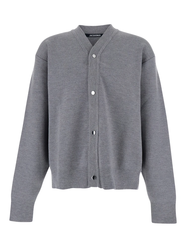 Grey V-Neck Cardigan with Dropped Shoulders in Cotton Man