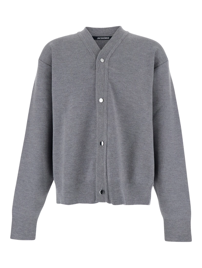 Grey V-Neck Cardigan with Dropped Shoulders in Cotton Man