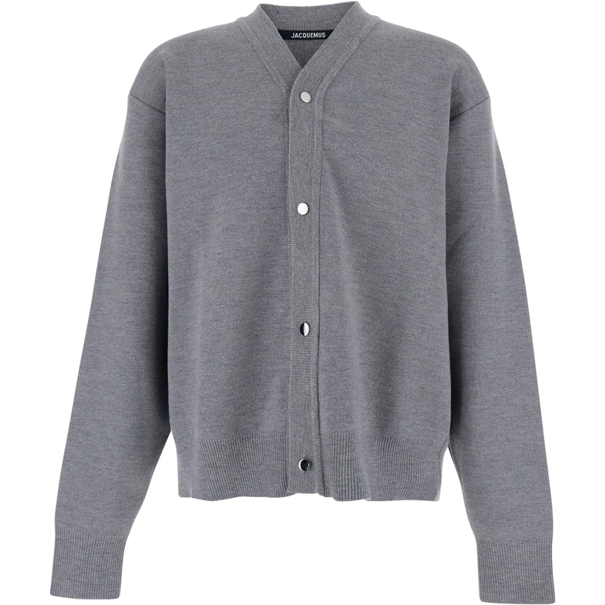 Grey V-Neck Cardigan with Dropped Shoulders in Cotton Man