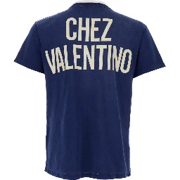 تيشيرت أزرق برقبة دائرية وشعار مطبوع على الظهر، مصنوع من القطن الرجالي