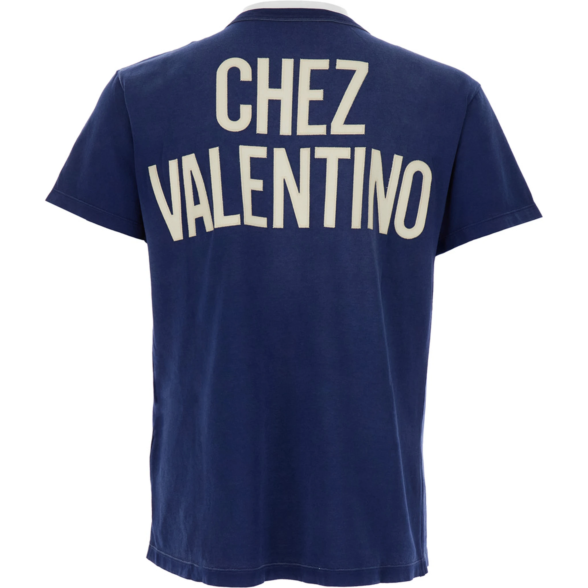 تيشيرت أزرق برقبة دائرية وشعار مطبوع على الظهر، مصنوع من القطن الرجالي