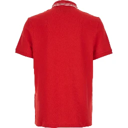 Red Polo Shirt with Classic Collar with Stirped Detail and Logo Patch on the Front in Cotton Piquet Man