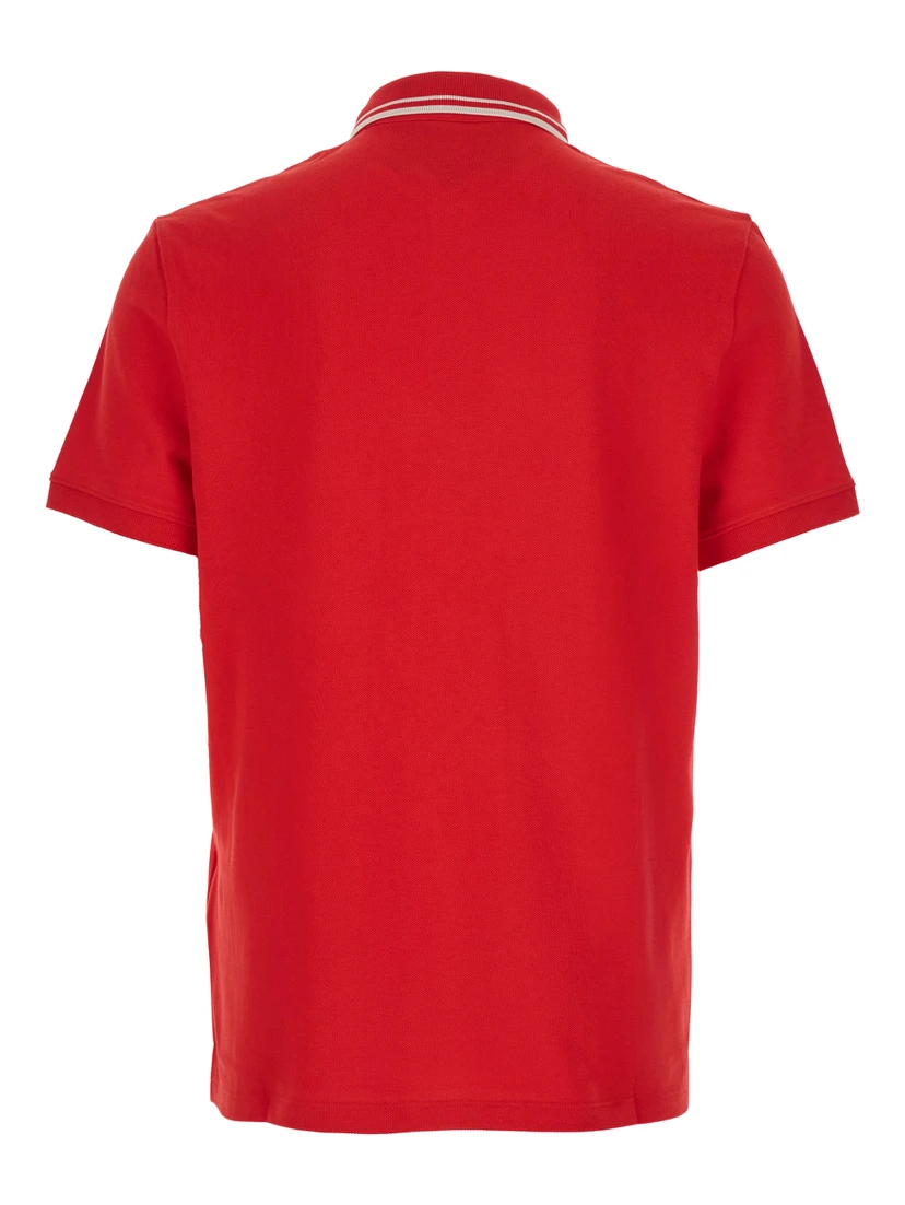 Red Polo Shirt with Classic Collar with Stirped Detail and Logo Patch on the Front in Cotton Piquet Man