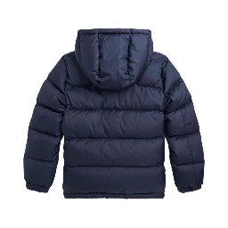 Blue Down Jacket with Fixed Hood and Pony Logo on the Front in Tech Fabric Boy