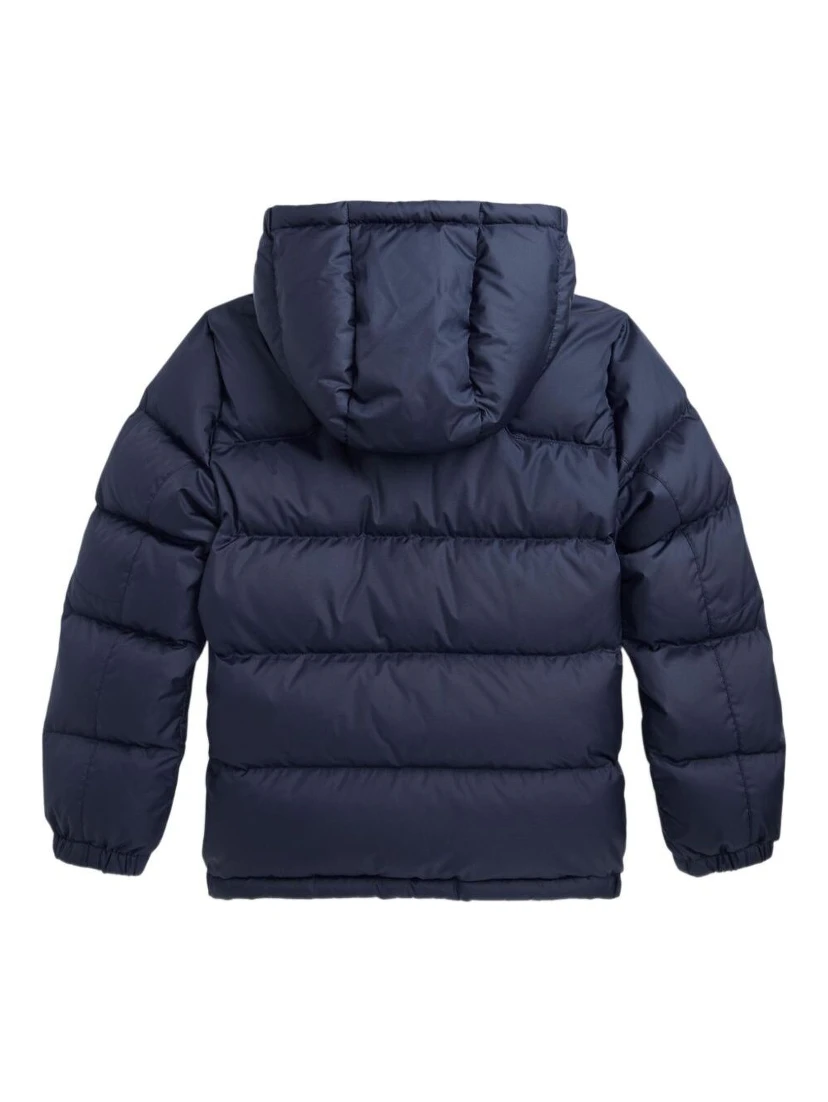 Blue Down Jacket with Fixed Hood and Pony Logo on the Front in Tech Fabric Boy