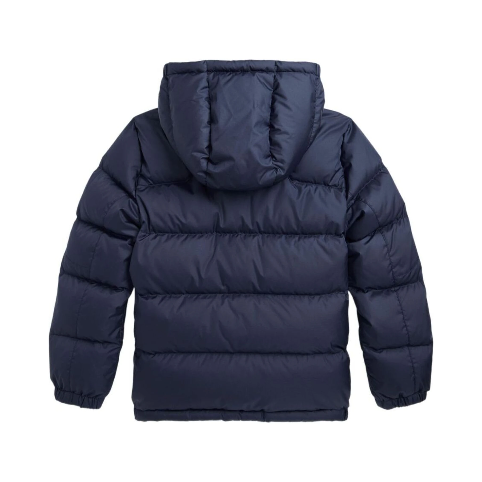 Blue Down Jacket with Fixed Hood and Pony Logo on the Front in Tech Fabric Boy