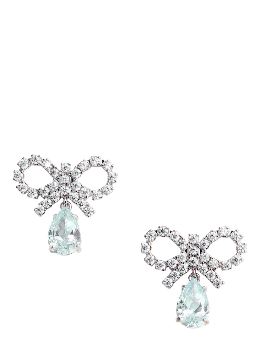 Blue Earings with Bow Charm and Pendent Droplet Detail in Brass Blend Woman