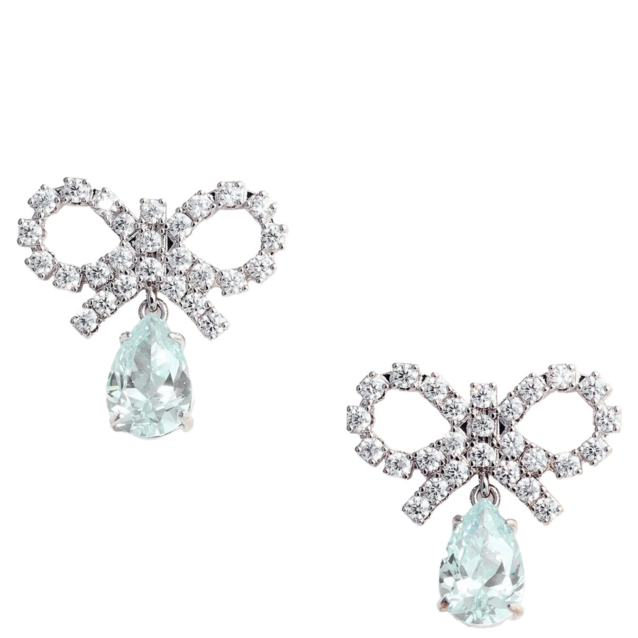 Blue Earings with Bow Charm and Pendent Droplet Detail in Brass Blend Woman