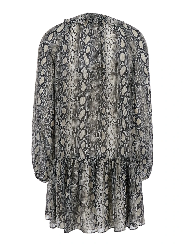 Grey Crewneck Mini Dress with Long Puffed Sleeves and All-Over Snakeskin Print in Tech Fabric Woman alternative