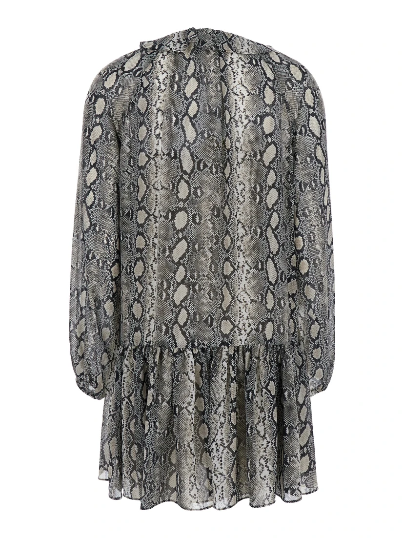 Grey Crewneck Mini Dress with Long Puffed Sleeves and All-Over Snakeskin Print in Tech Fabric Woman