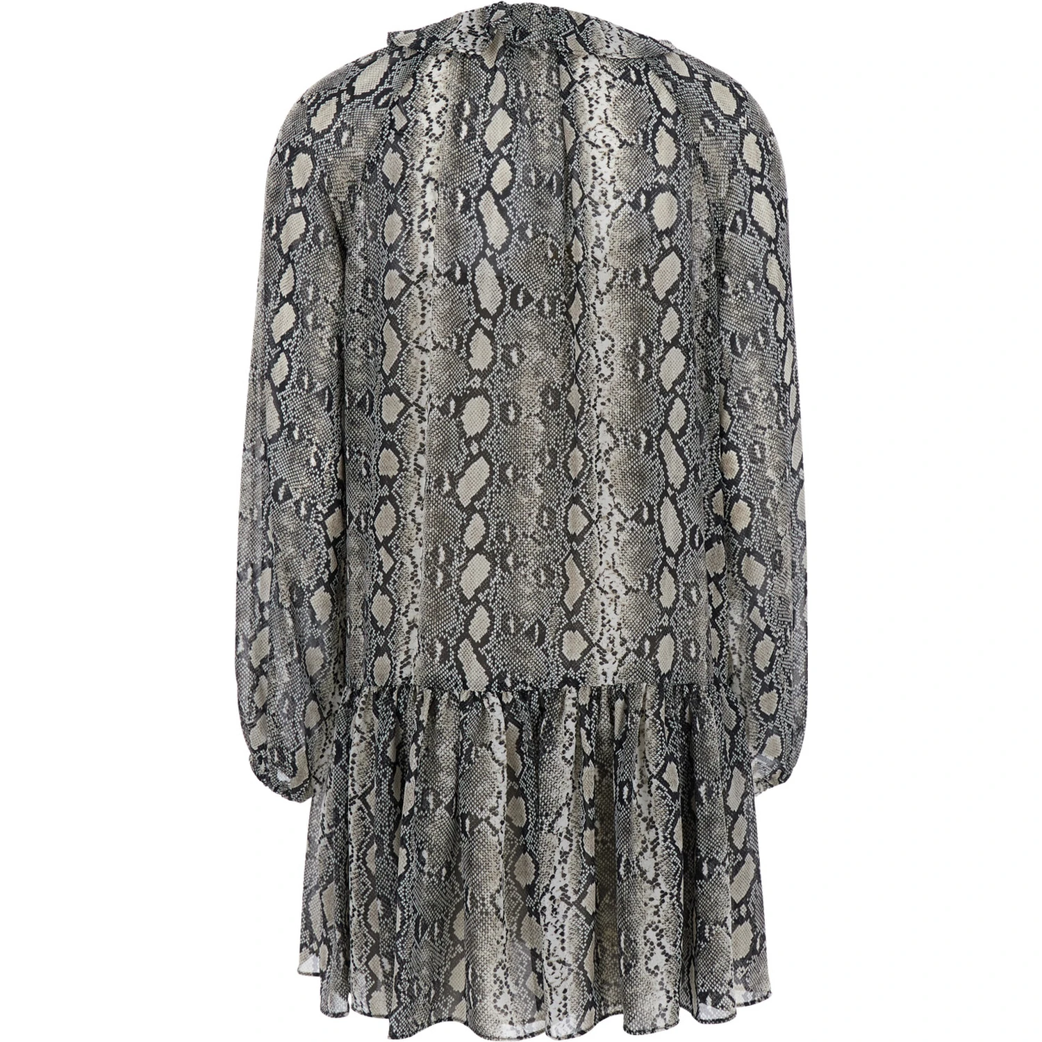 Grey Crewneck Mini Dress with Long Puffed Sleeves and All-Over Snakeskin Print in Tech Fabric Woman