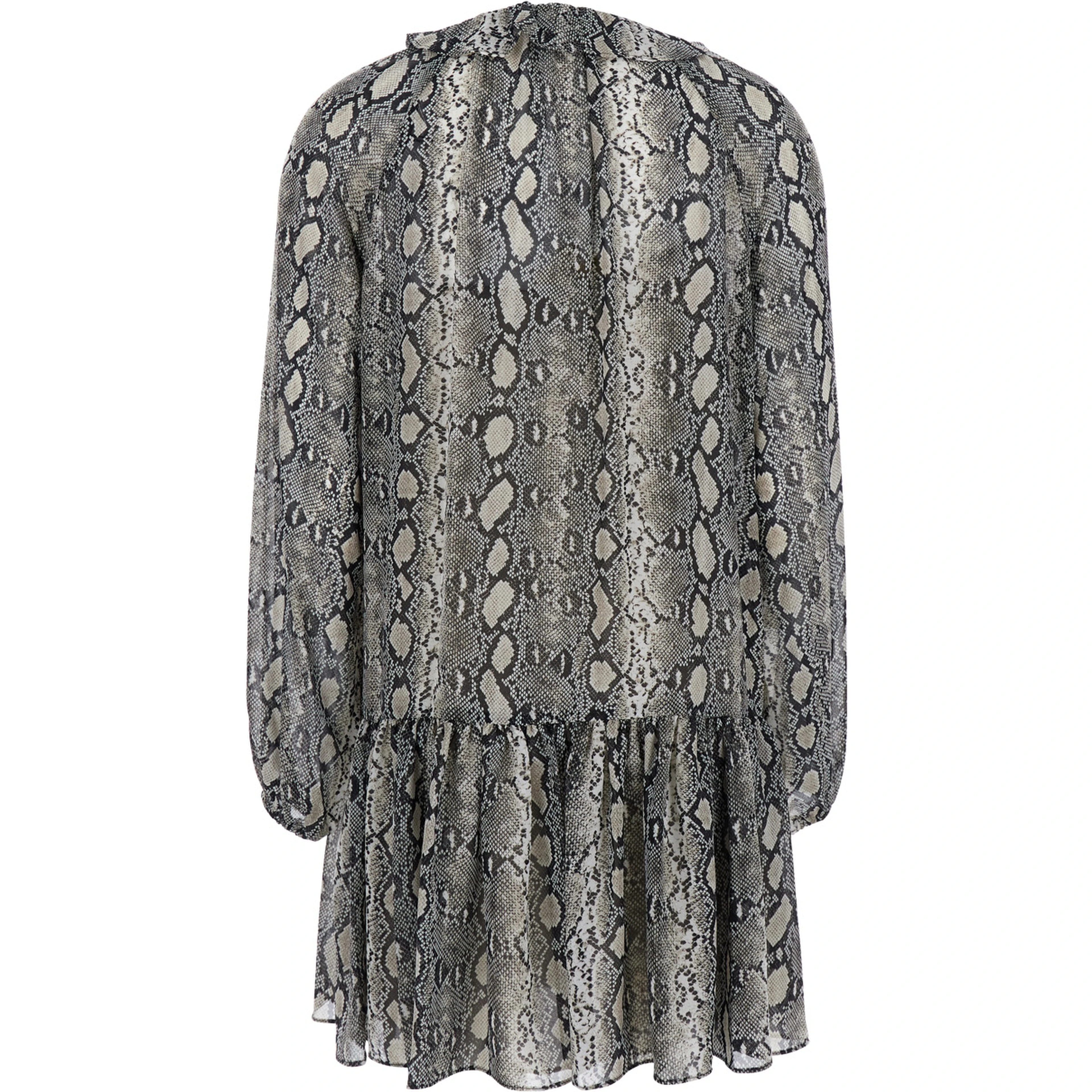 Grey Crewneck Mini Dress with Long Puffed Sleeves and All-Over Snakeskin Print in Tech Fabric Woman