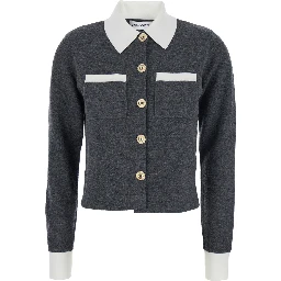 Grey Cropped Cardigan with Contrasting Classic Collar and Two Front Patch Pockets in Wool Blend Woman
