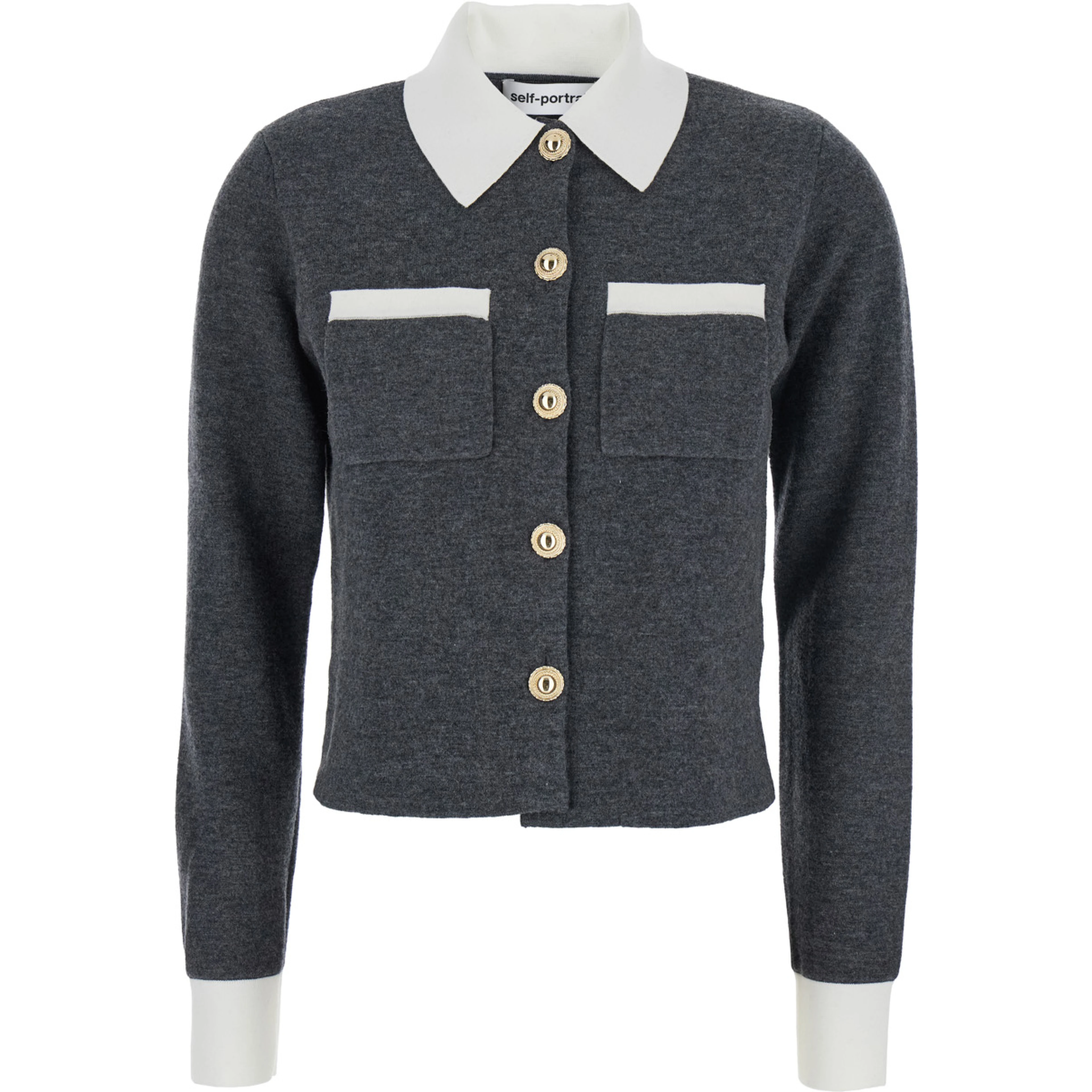 Grey Cropped Cardigan with Contrasting Classic Collar and Two Front Patch Pockets in Wool Blend Woman