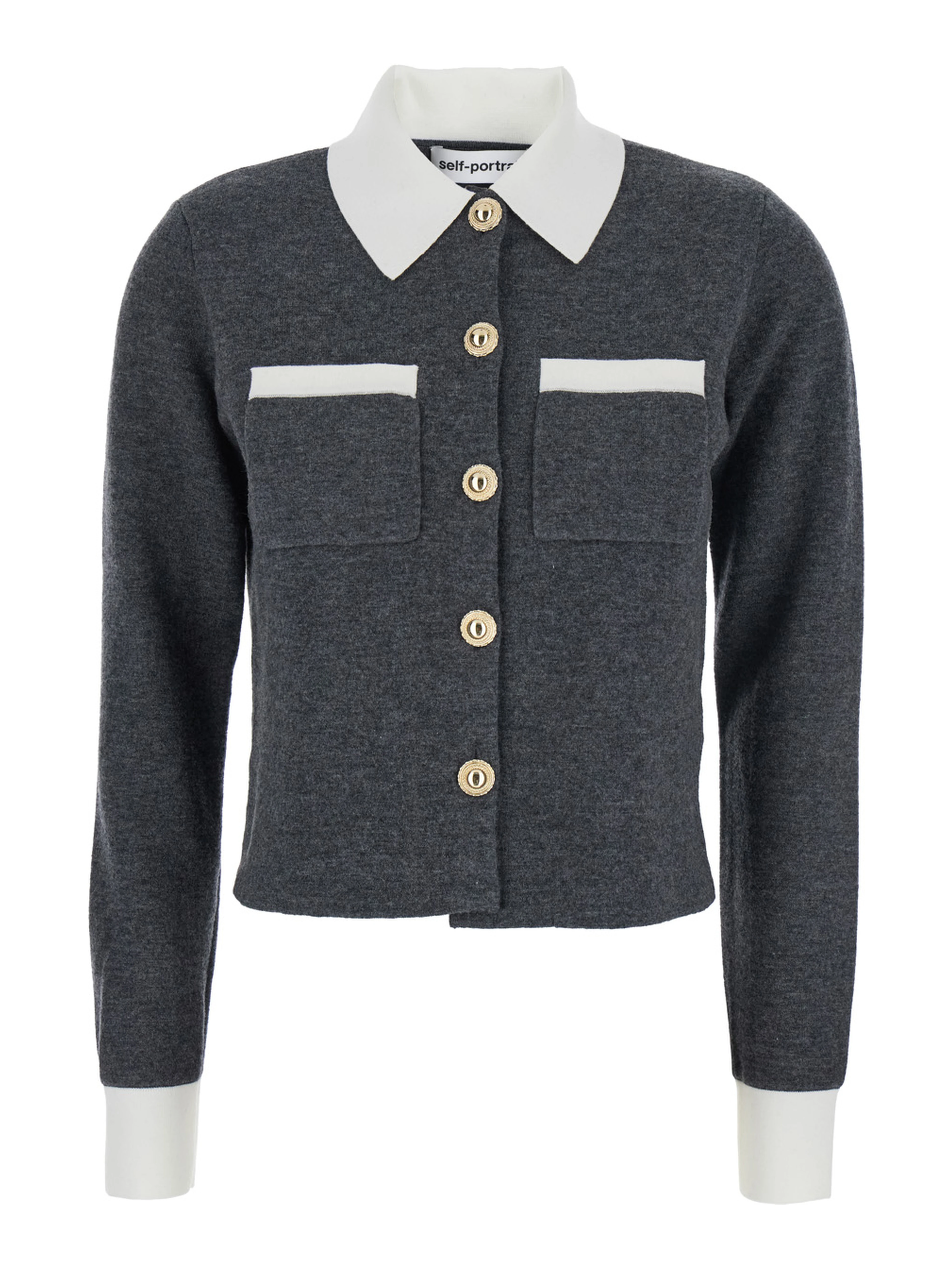 Grey Cropped Cardigan with Contrasting Classic Collar and Two Front Patch Pockets in Wool Blend Woman