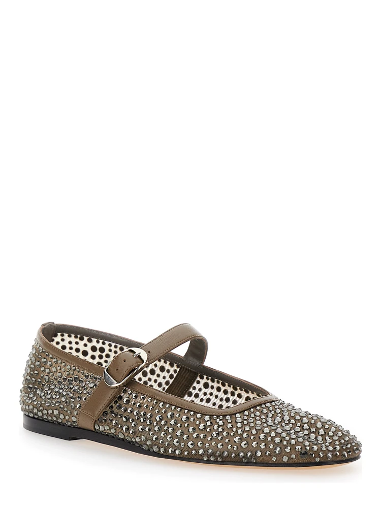 Mary Jane Metallic Ballet Flats with Strap and All-Over Beading in Fabric Woman alternative