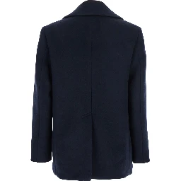Blue Coat with Wide Lapels and Logoed Buttons in Wool Man