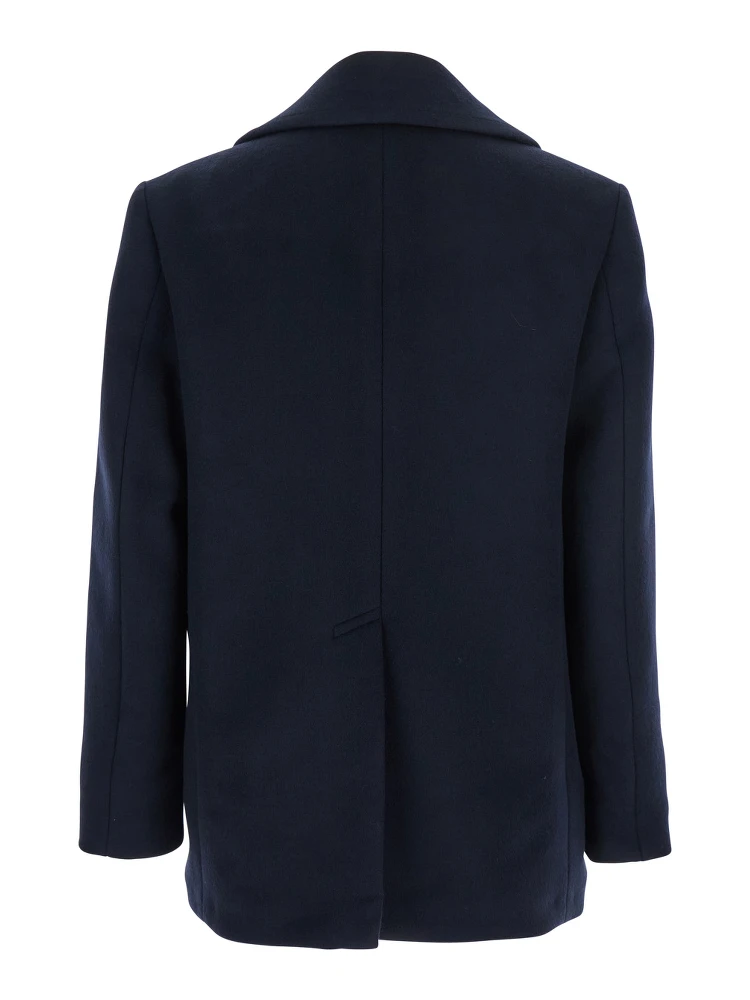 Blue Coat with Wide Lapels and Logoed Buttons in Wool Man alternative