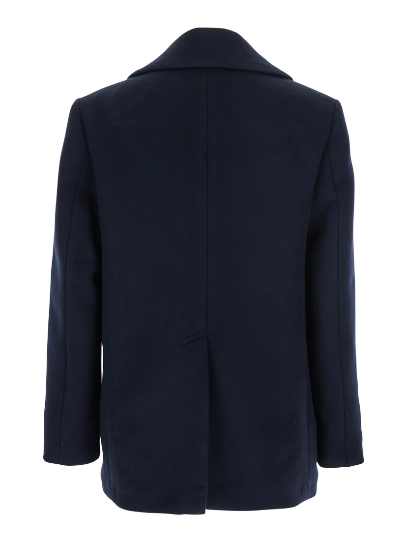 Blue Coat with Wide Lapels and Logoed Buttons in Wool Man