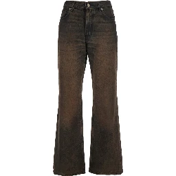 Korea Brown Jeans with Wide Leg and Logo Patch on the Rear in Denim Woman
