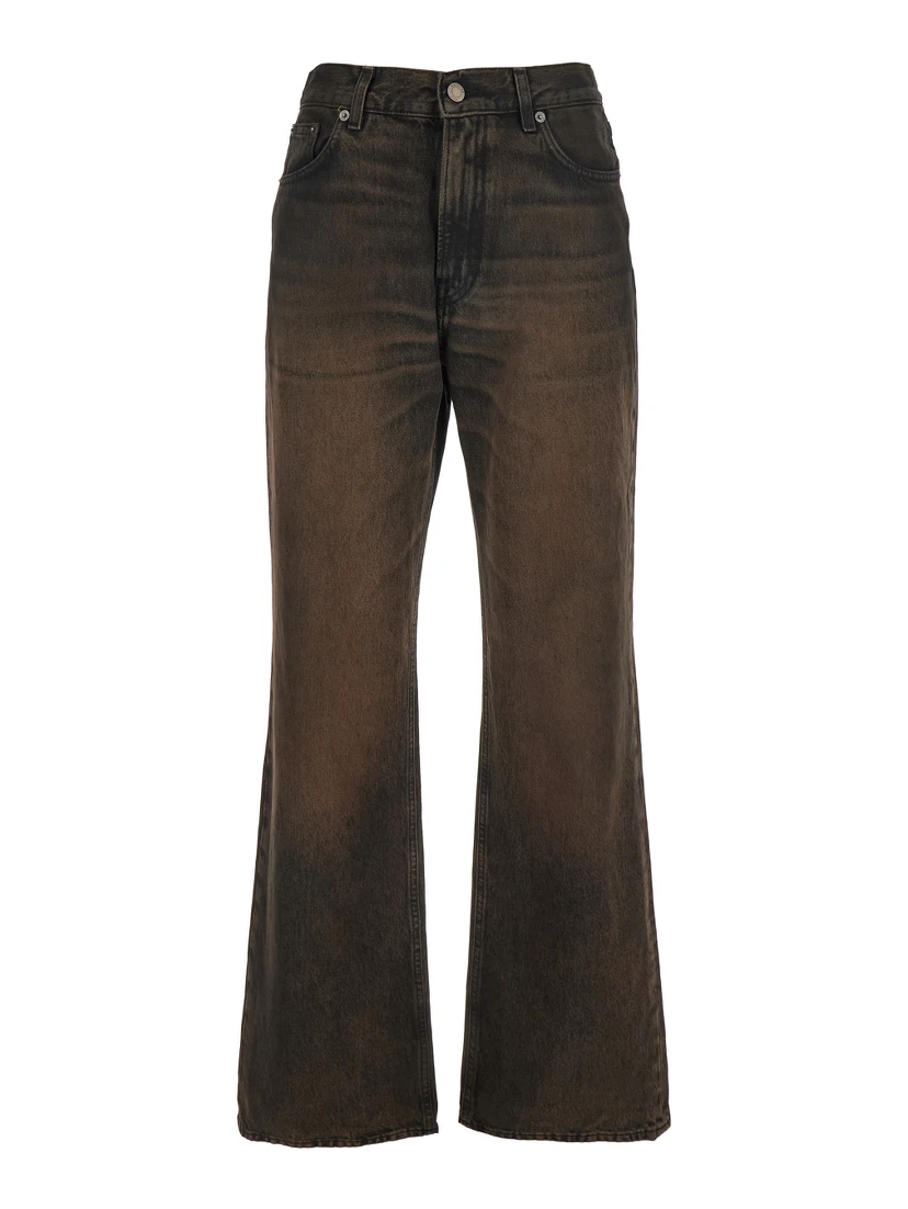 Korea Brown Jeans with Wide Leg and Logo Patch on the Rear in Denim Woman
