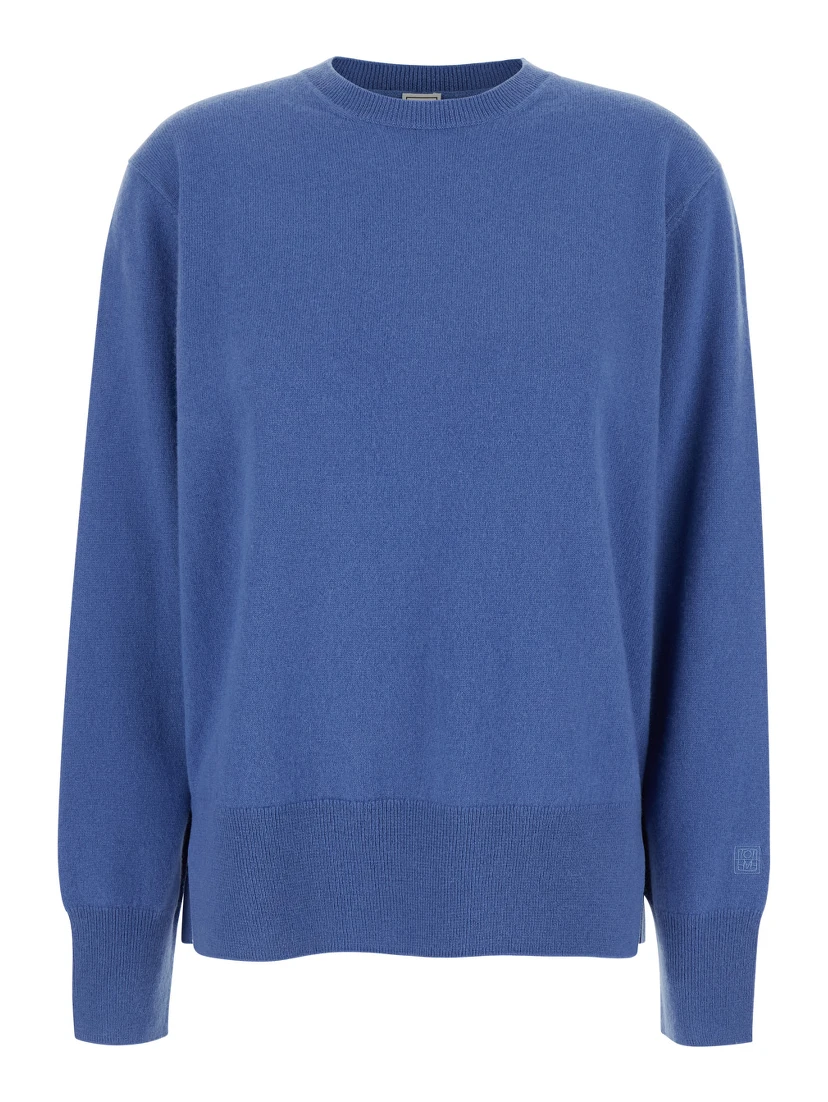 Blue Crewneck Sweater with Dropped Shoulders and Logo Embroidered on the Sleeve in Cashmere Woman