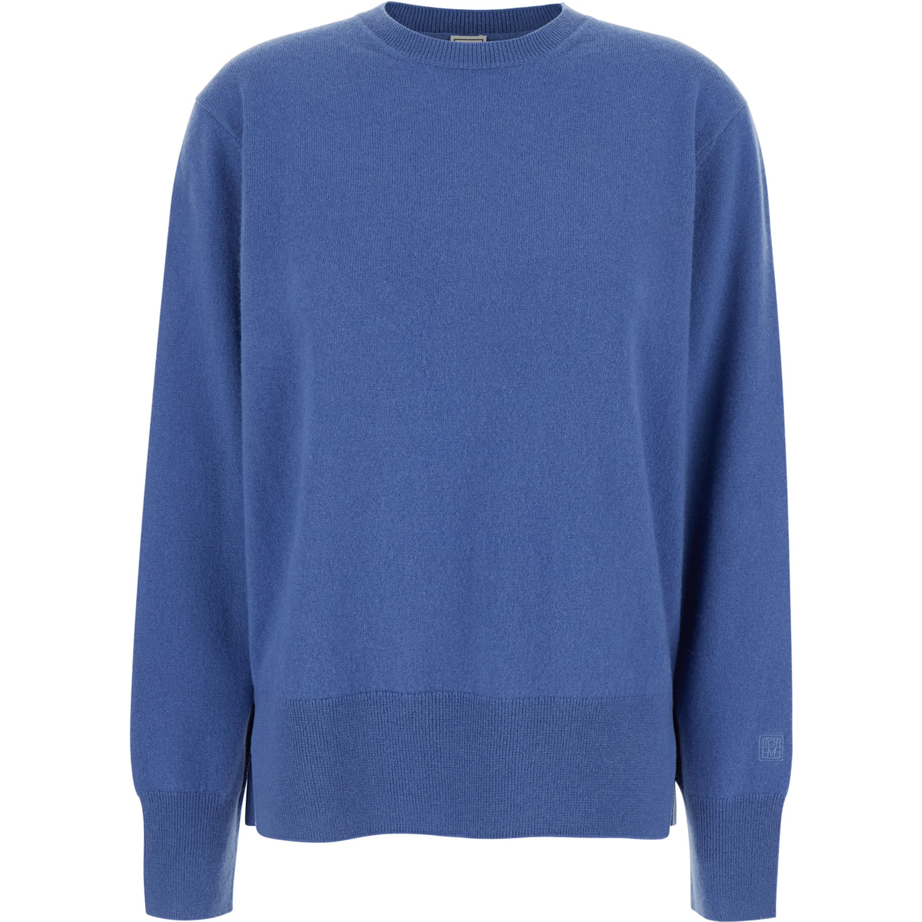 Blue Crewneck Sweater with Dropped Shoulders and Logo Embroidered on the Sleeve in Cashmere Woman