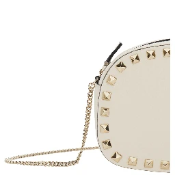 Rockstud White Mini Bag with Chain-Link Shoulder Strap and Rockstud Embellishments in Grained Leather Woman