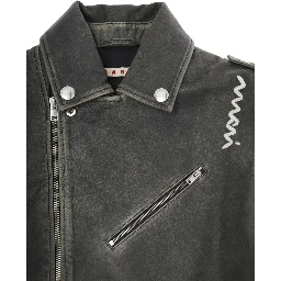 Black Jacket with Distressed Effect and Logo on Front in Leather Boy