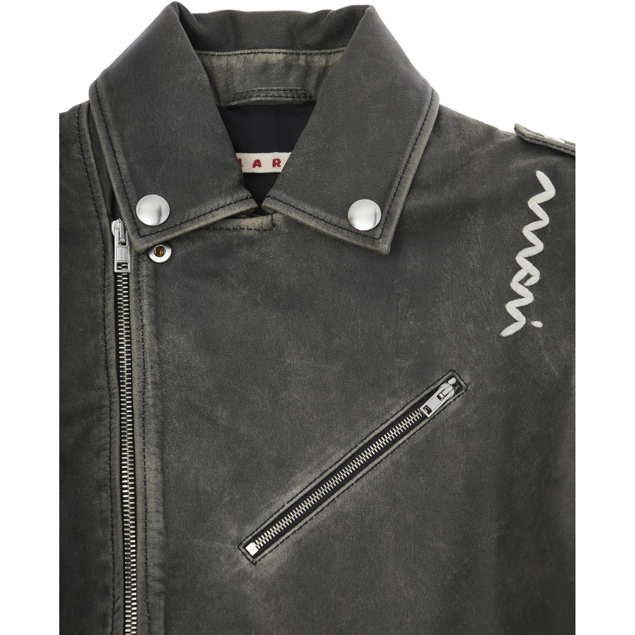 Black Jacket with Distressed Effect and Logo on Front in Leather Boy