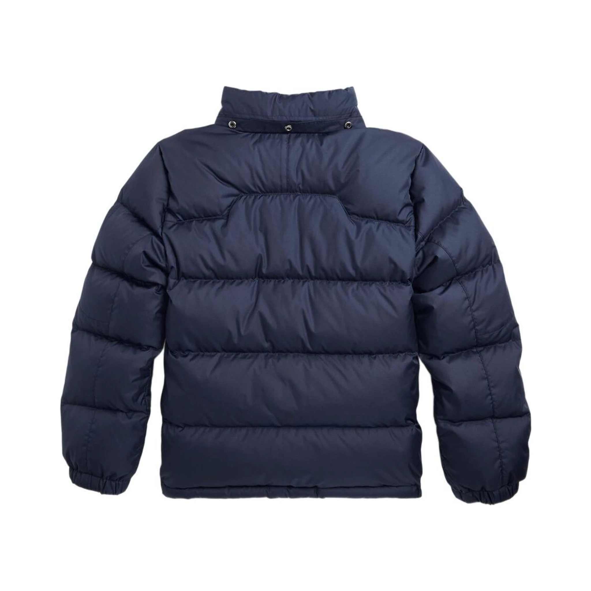 Blue Down Jacket with Fixed Hood and Pony Logo on the Front in Tech Fabric Boy