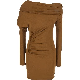 Zoe Beige Dress with Asymmetrical Design and Draped Detail in Fabric Woman