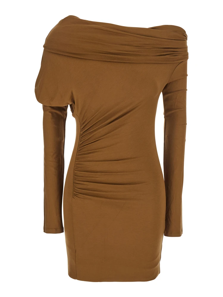 Zoe Beige Dress with Asymmetrical Design and Draped Detail in Fabric Woman