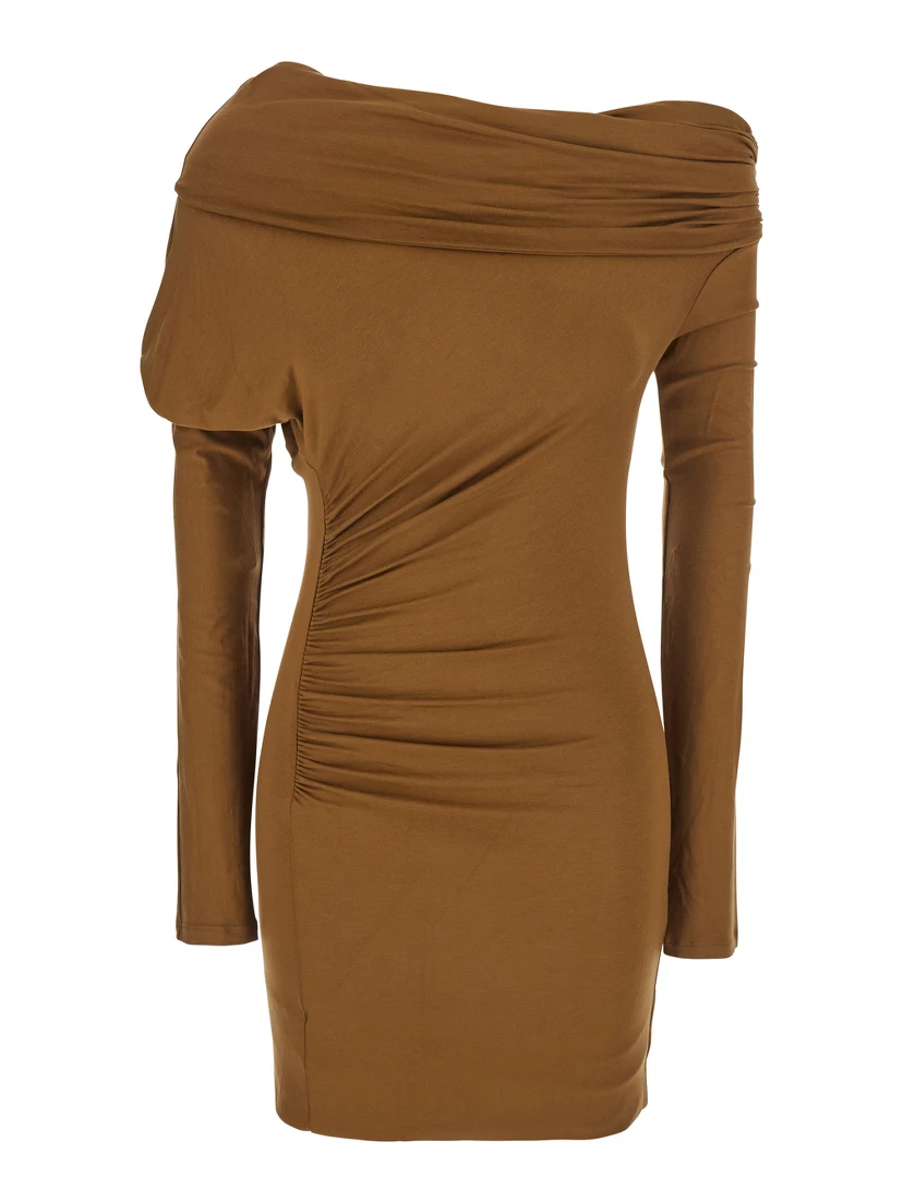 Zoe Beige Dress with Asymmetrical Design and Draped Detail in Fabric Woman